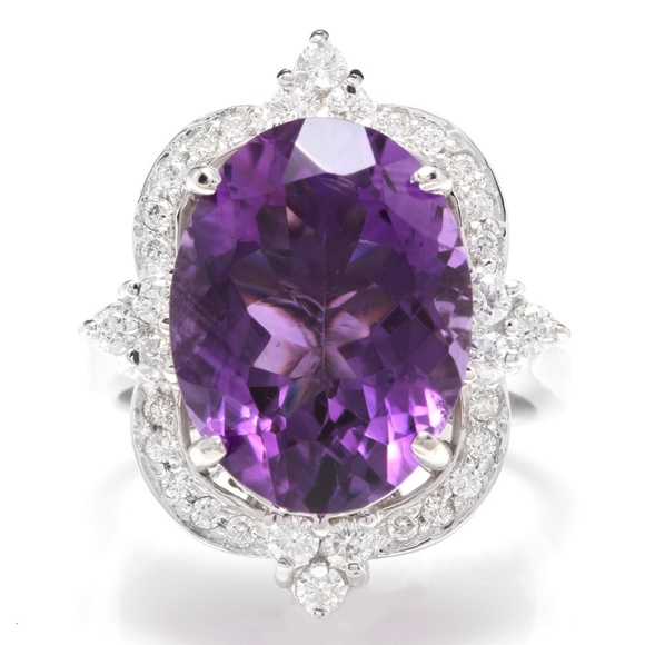 9.75Ct Natural Amethyst & Diamond 14KW Gold Ring